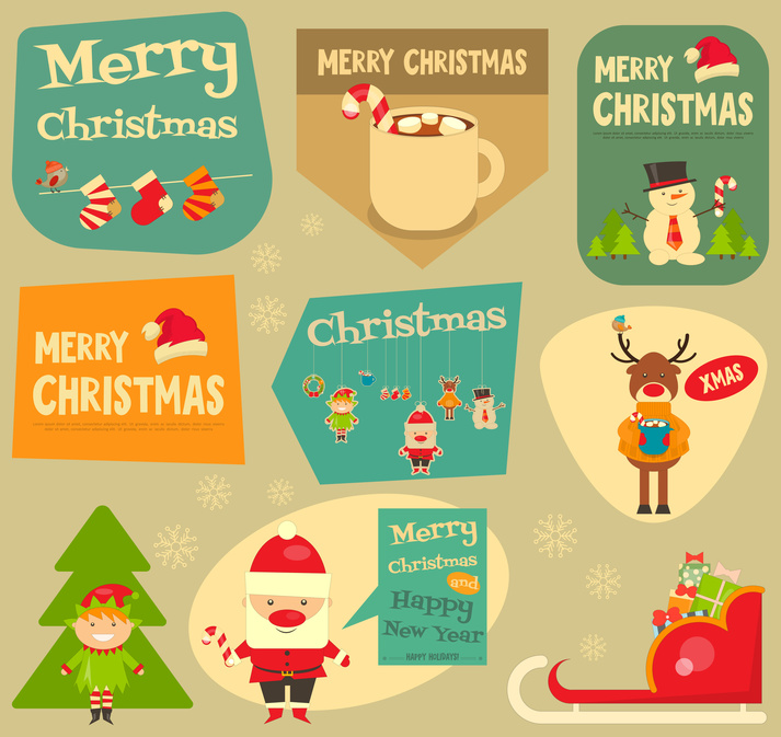 Christmas characters on Stickers. Santa Claus, Snowman and Deer. Vector Illustration.